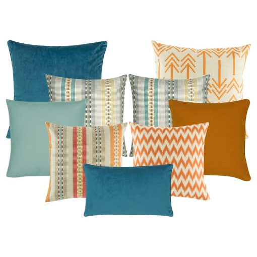 A collection of 9 cushion covers with line, arrow, chevron and solid patterns with blue, teal and orange colours