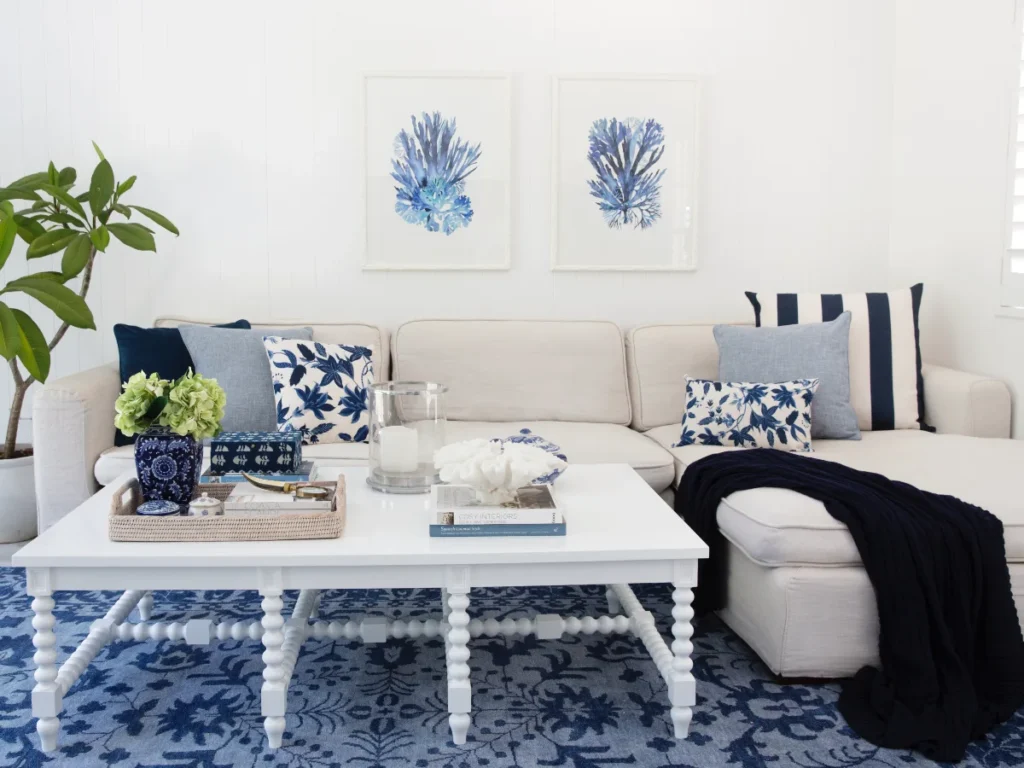 Hamptons style cushions in a decorated home scene.