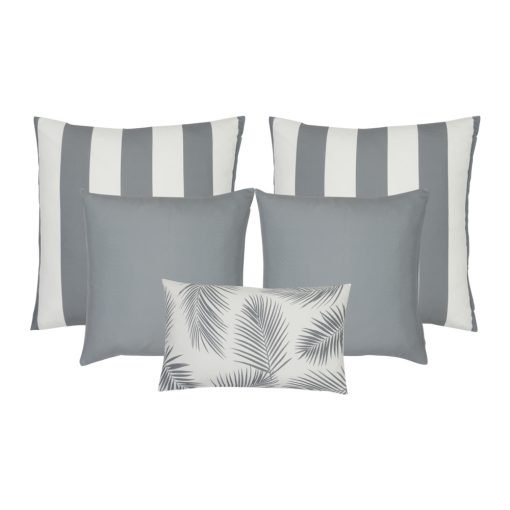 A collection of five grey outdoor cushions featuring striped, plain and botanical designs.