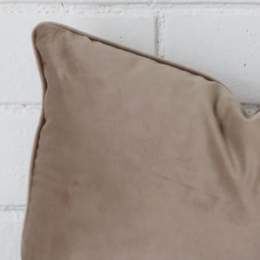 Rectangle cushion in oyster colour sitting upright in front of a brick wall. It has been made from a quality velvet material.