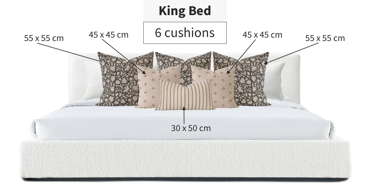 Diagram showing how to style a king bed with cushions. Six cushions are used.