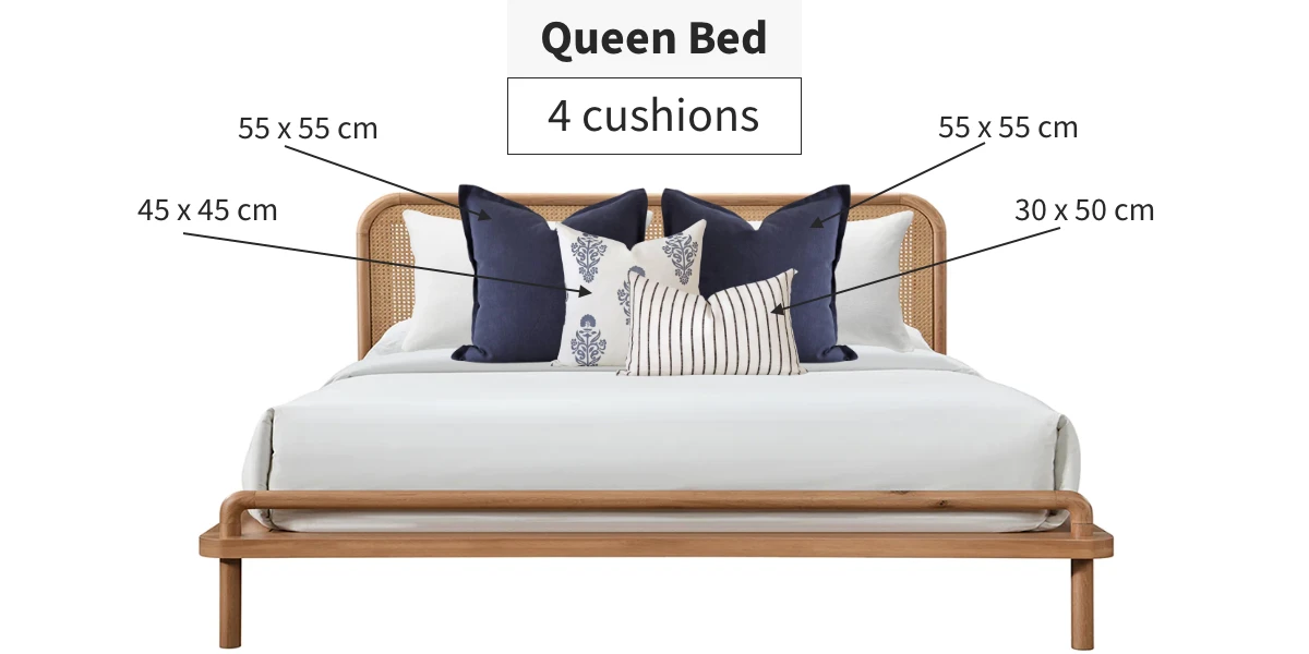 Diagram showing how to style a queen bed with cushions. Four cushions are used.