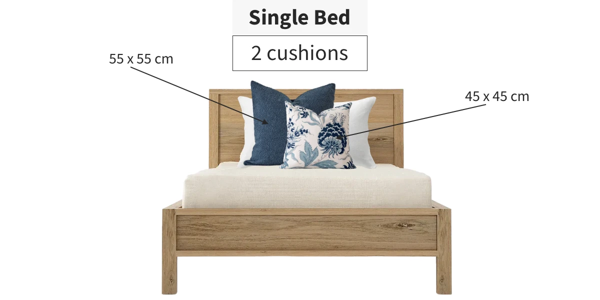 Diagram showing how to style a single bed with cushions. Two cushions are used.