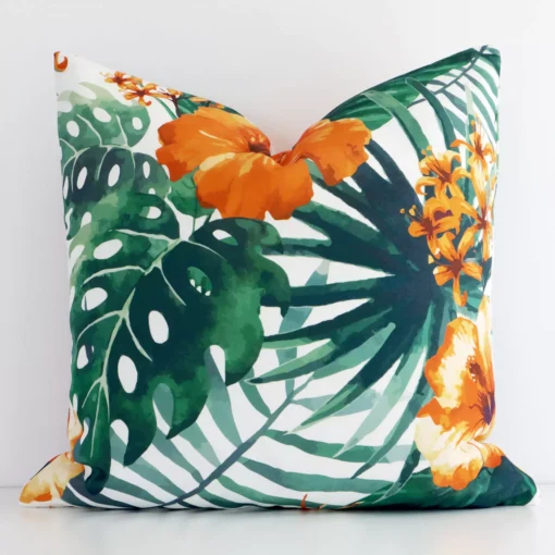 Front view of floral square cushion. Crafted from a special outdoor material in an orange colour.