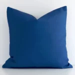 White wall with a bold blue cushion laying against it. It has a distinctive outdoor fabric and has a square shape.