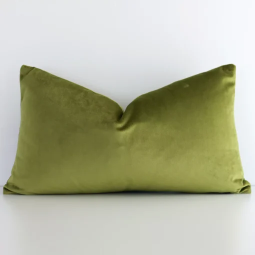 A gorgeous rectangle velvet cushion in olive green. It has an eye-catching solid colour design.