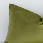 Rectangle solid-coloured cushion in olive green sitting upright in front of a white wall. It has been made from a quality velvet material.