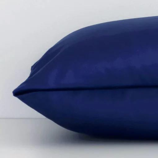 Close side shot of this royal blue velvet cushion cover. The viewpoint shows how the square shape design.